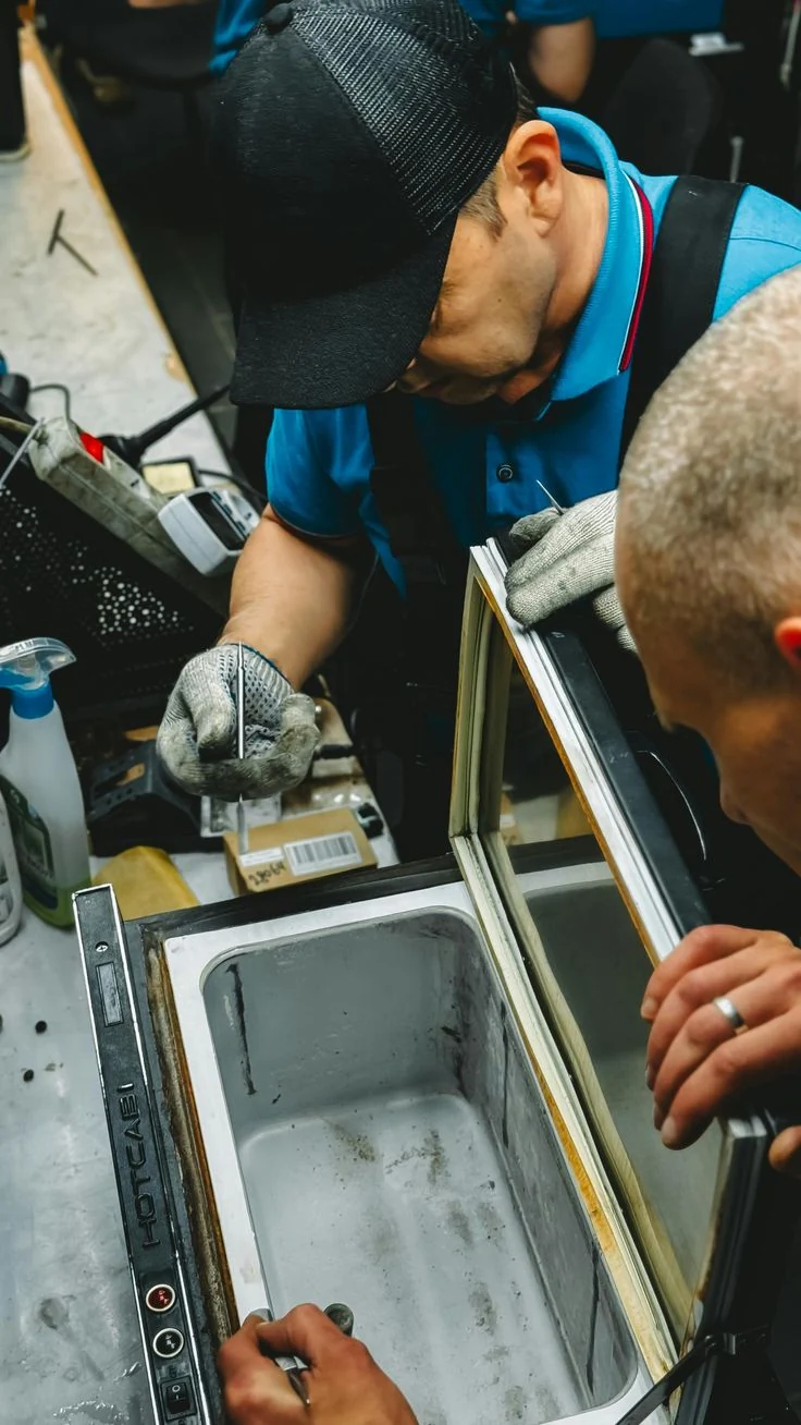 Technicians examining the interior of an opened appliance