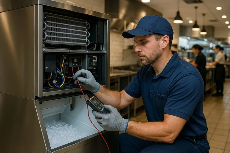 Technician using a multimeter to diagnose an ice machine