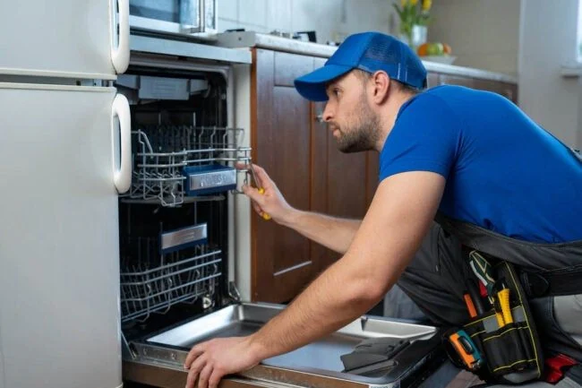 Technician inspecting the racks and interior of an open dishwasher