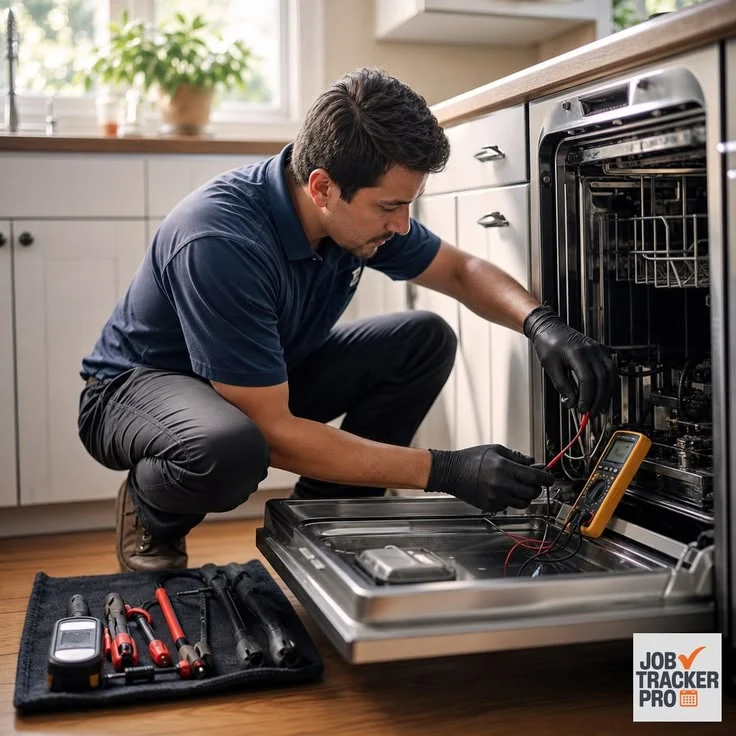 Technician checking a dishwasher with a multimeter and tools